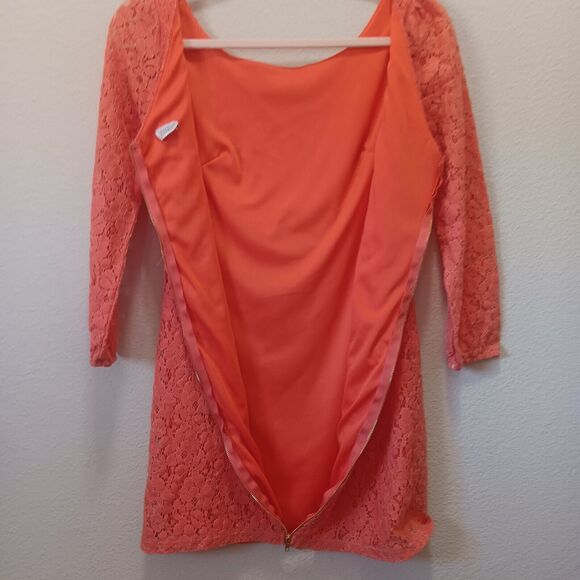 Charming Charlie Mini Lace Dress Small 3/4 Sleeve Full Zip Orange - Picture 10 of 11